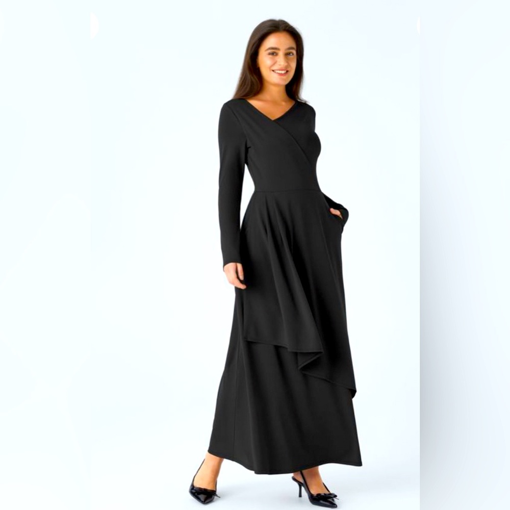 Asymmetric V Neck Long Sleeve Dress
